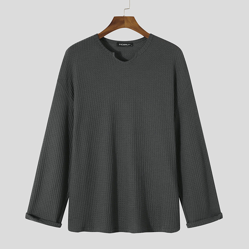 Mens Casual V-neck Pullover Long-sleeved T-Shirts SKUH76207 - Grey / S