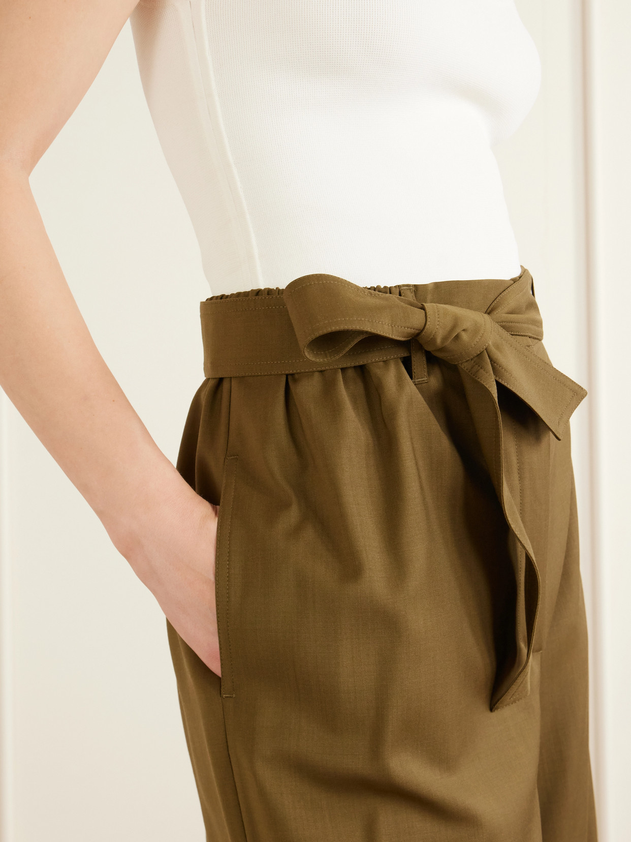 Editto Belted Wool Grain De Poudre Wide-leg Pants - Green