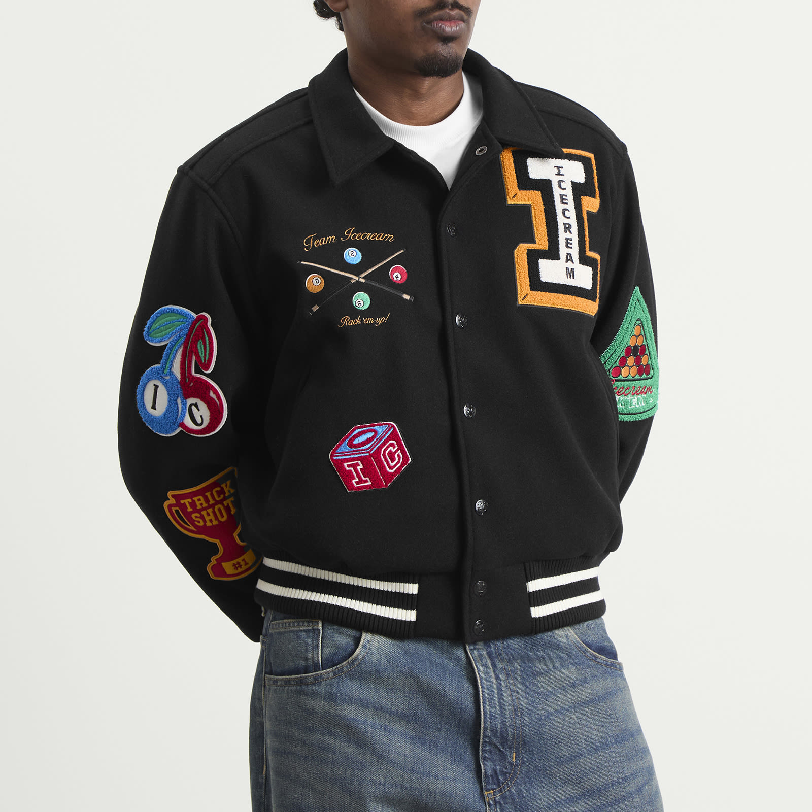 Men's Trick Shot Collared Varsity Jacket in Black
