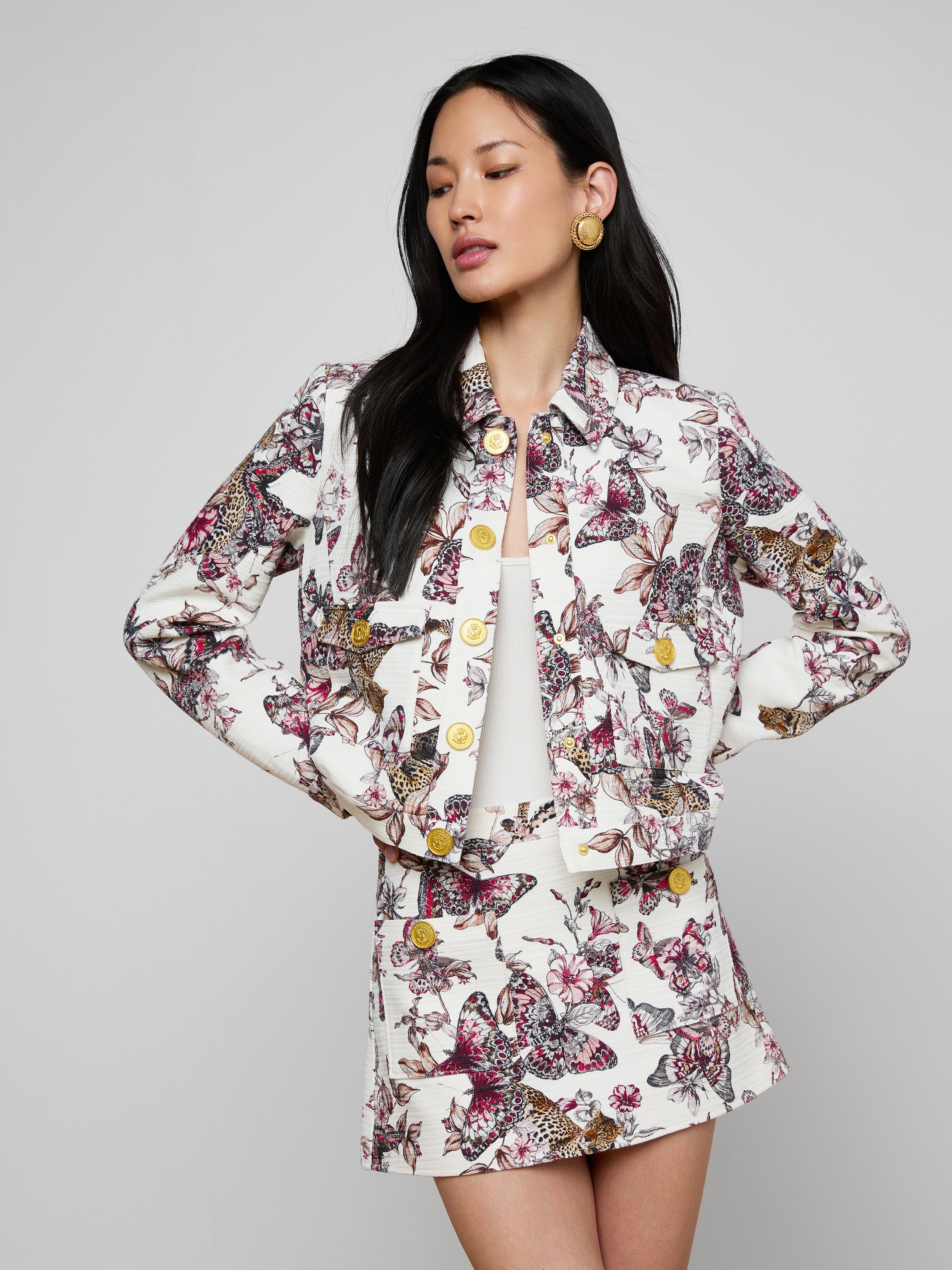 Nyx Cropped Jacket In White Multi Large Butterfly Jungle