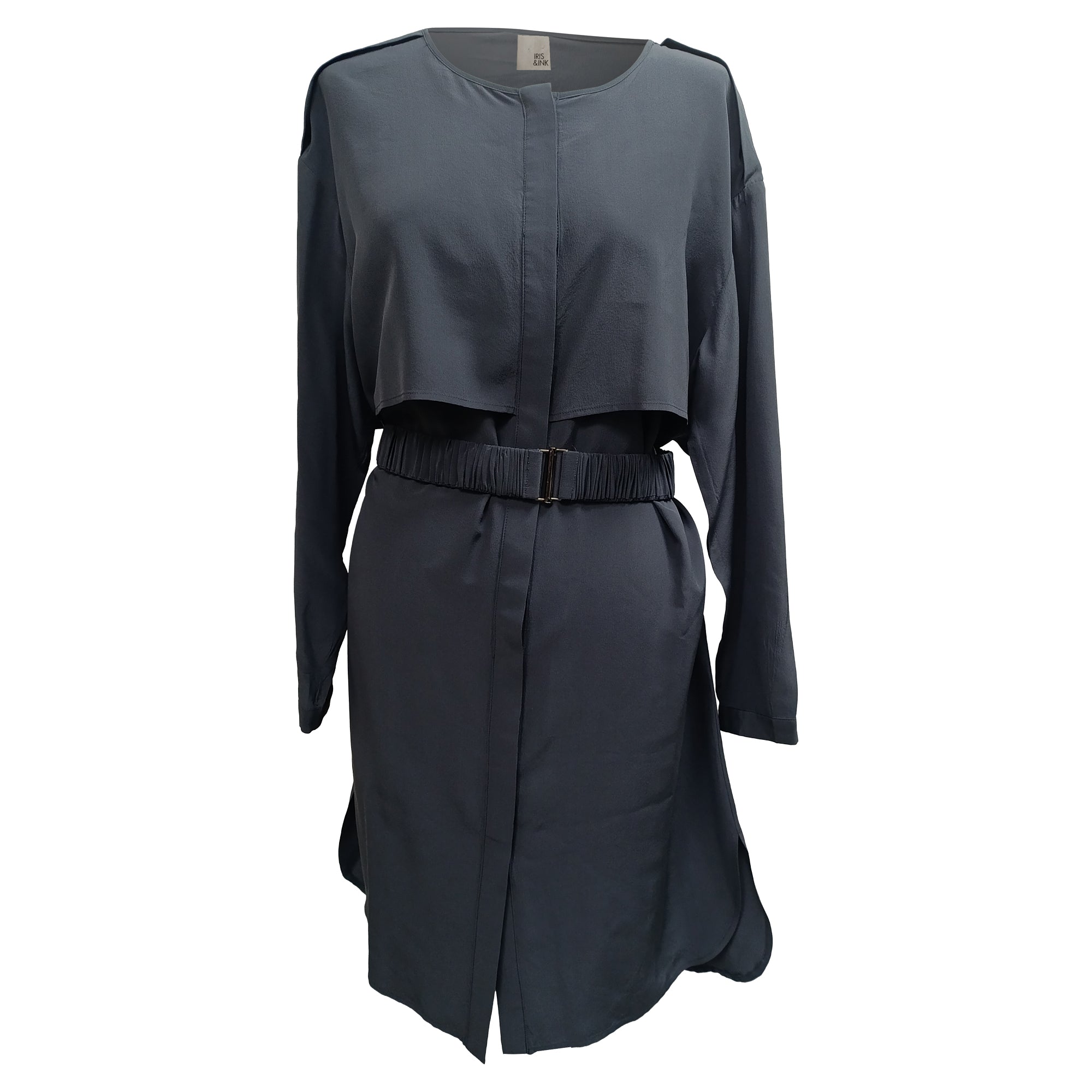 Belted Long Sleeve Midi Dress in Black Silk