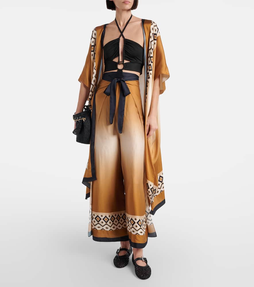 Printed satin cropped wide-leg pants