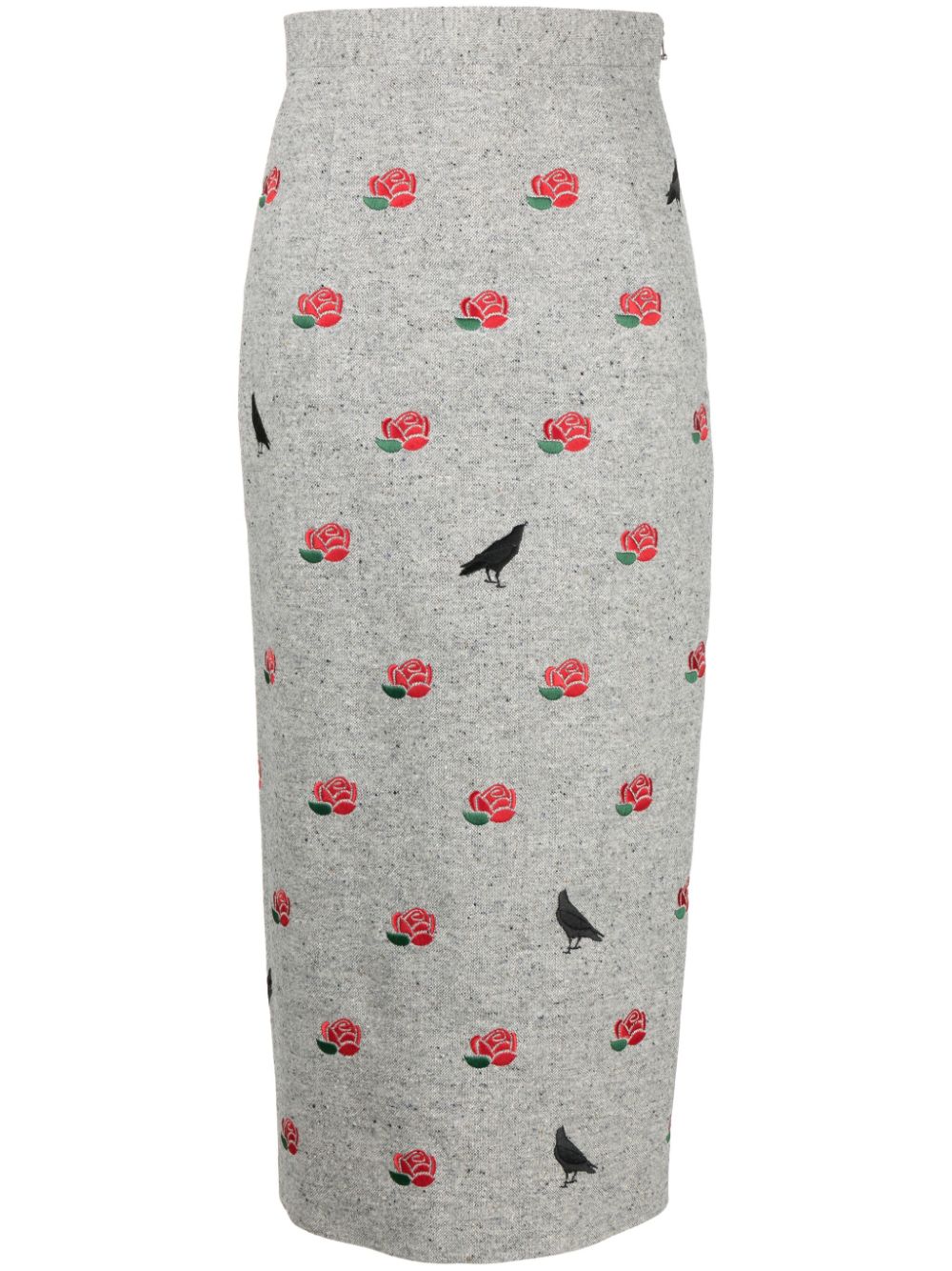 Rose-embroidered wool pencil skirt - Grey