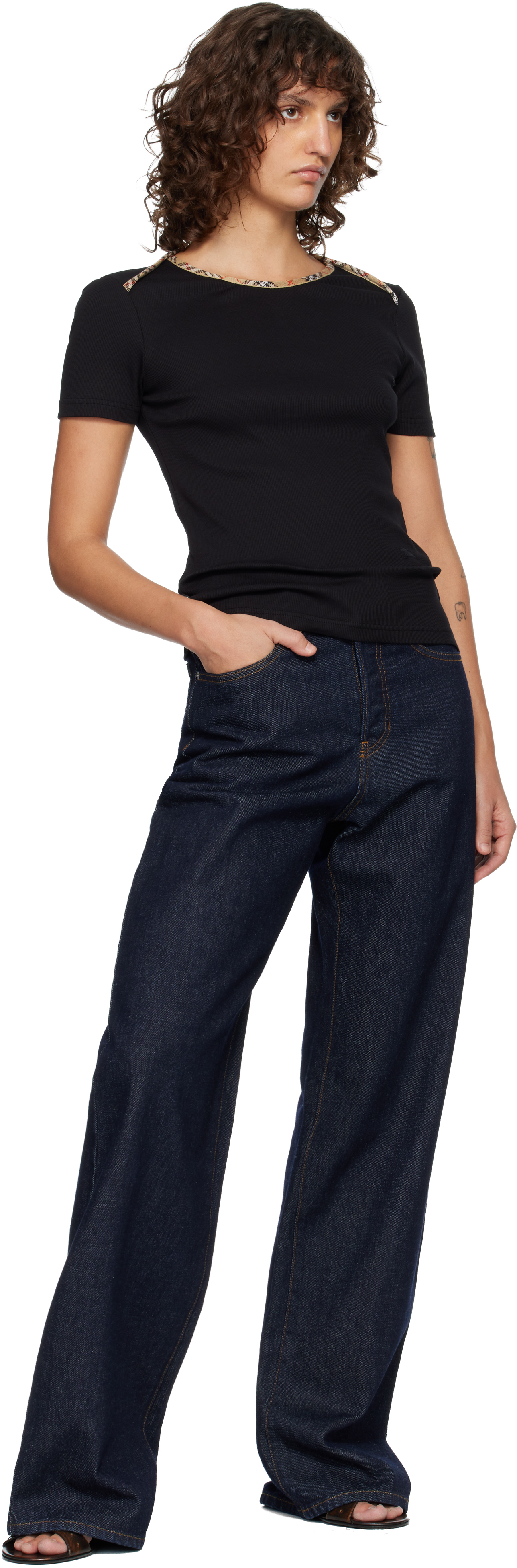 Black Check Trim Stretch Cotton T-shirt