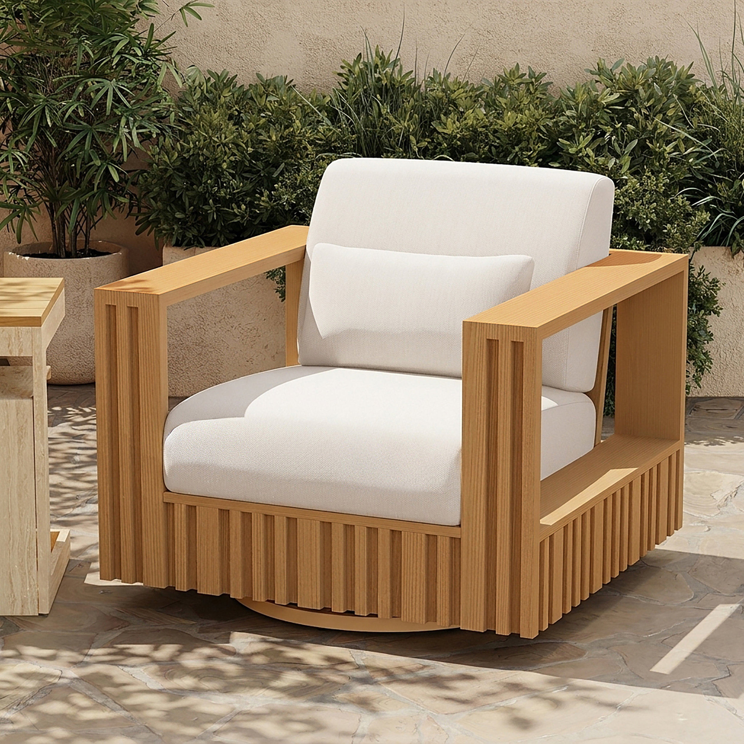 Flutera Modern Outdoor Sculptural Fluted 360-Degree Swivel Accent Chair in Natura