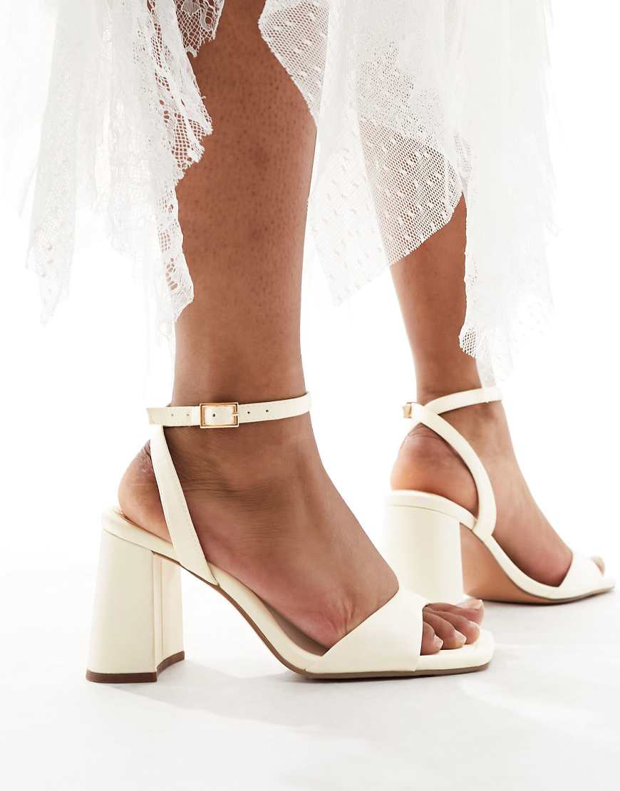 ASOS DESIGN Hotel barely there block heeled sandals in ivory satin-White