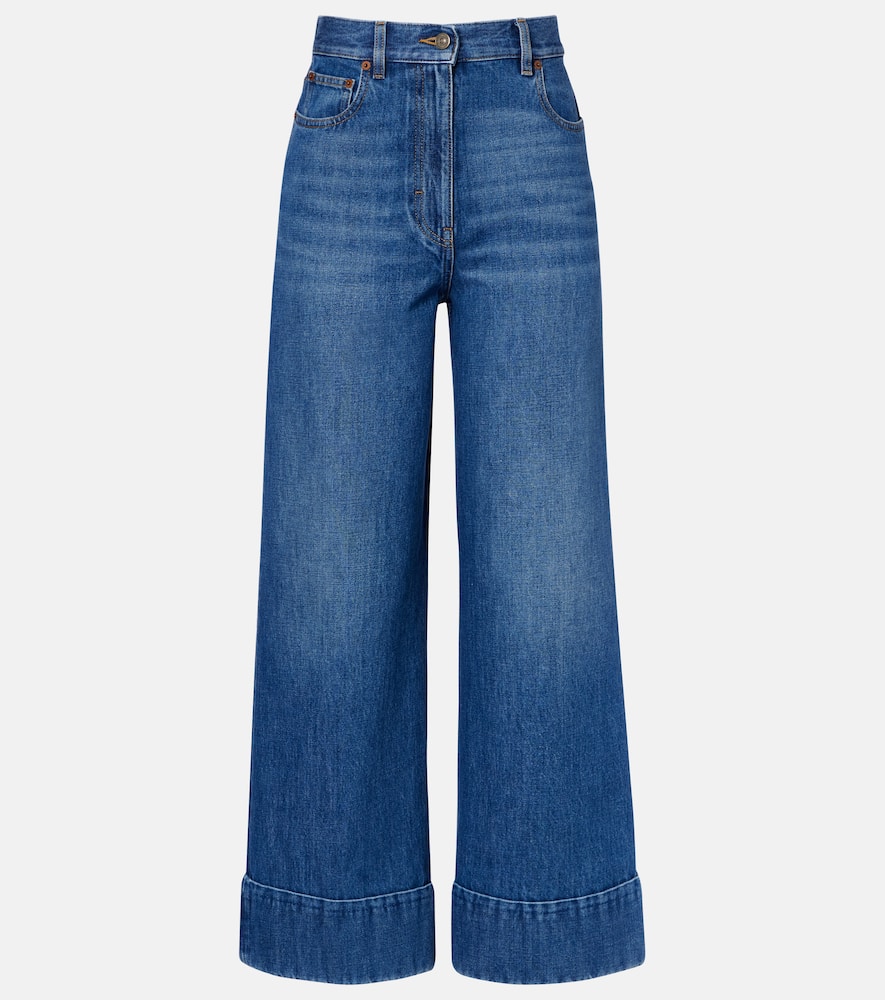 Leather-trimmed wide-leg jeans