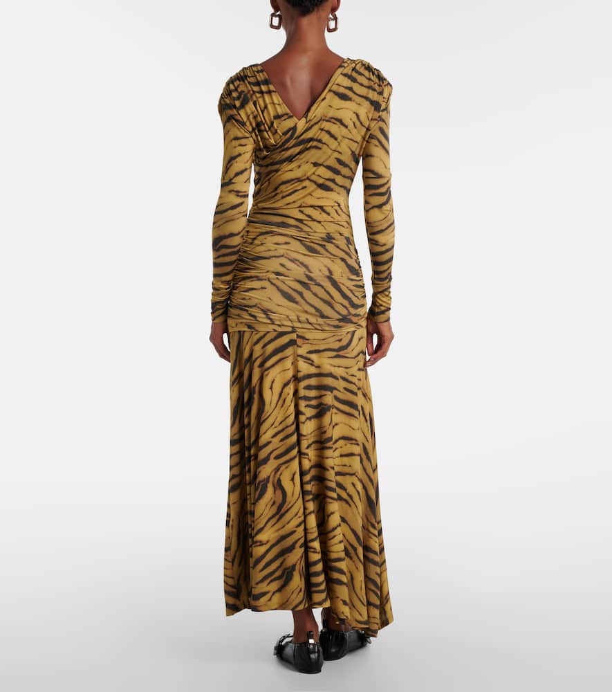 Asymmetric draped tiger-print maxi dress