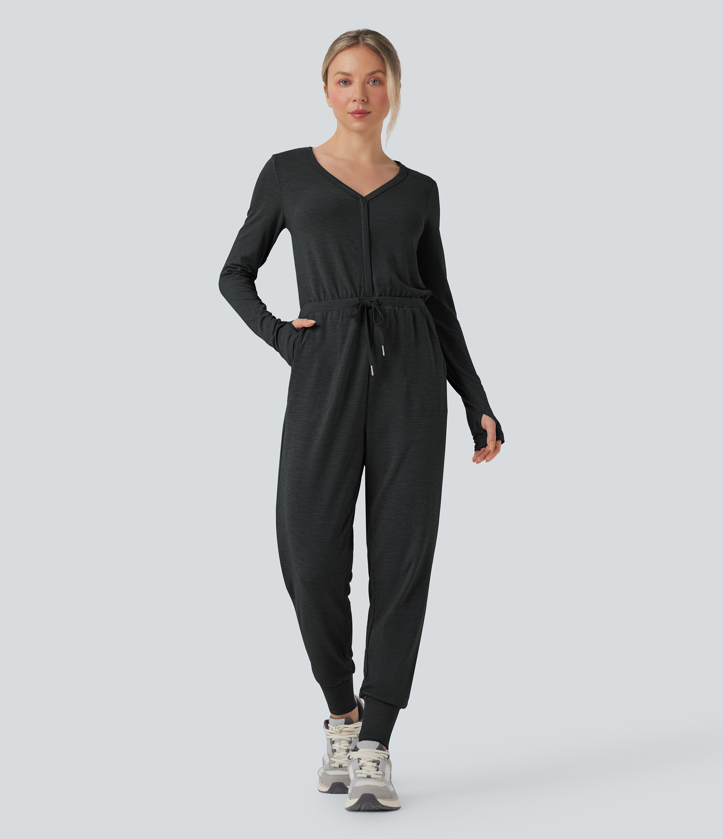 Halara V Neck Long Sleeve Thumb Hole Drawstring Workout Jumpsuit with Pockets-Easy Peezy Edition - Mottled Hemp Black - XLregular