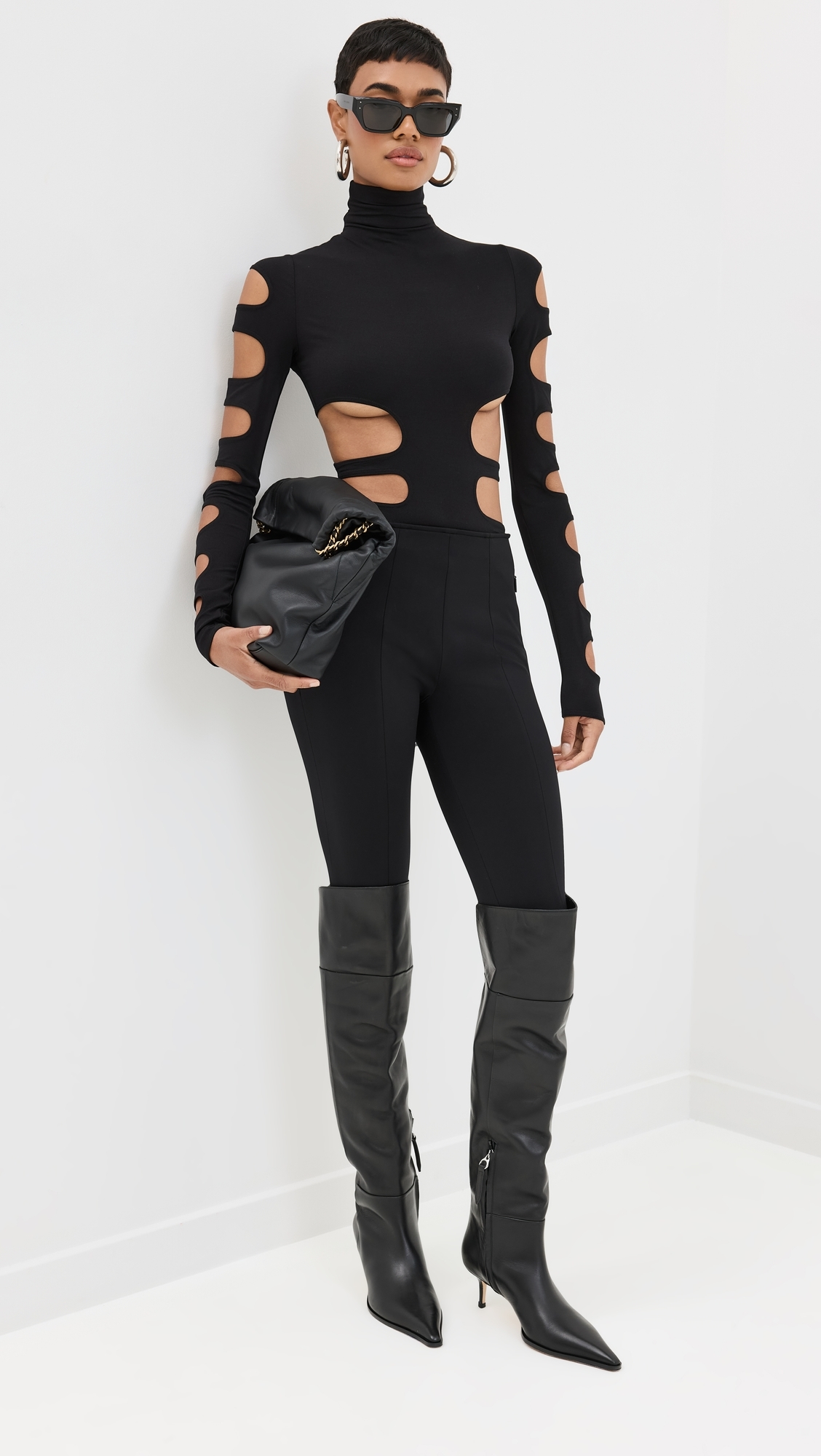 Mock Neck Bodysuit with Cut Out Details Black