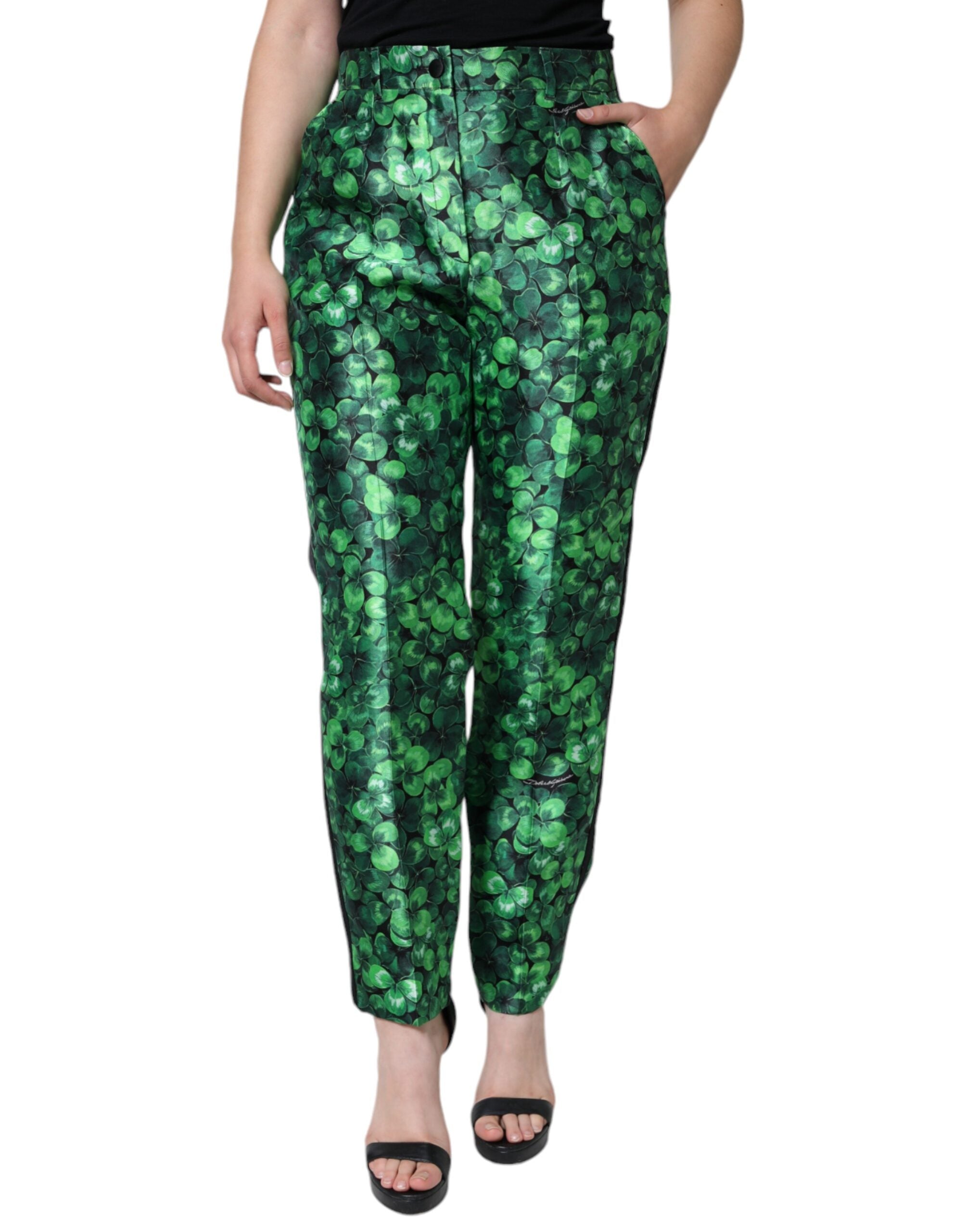 Clover-Print Silk Satin Trousers — Green