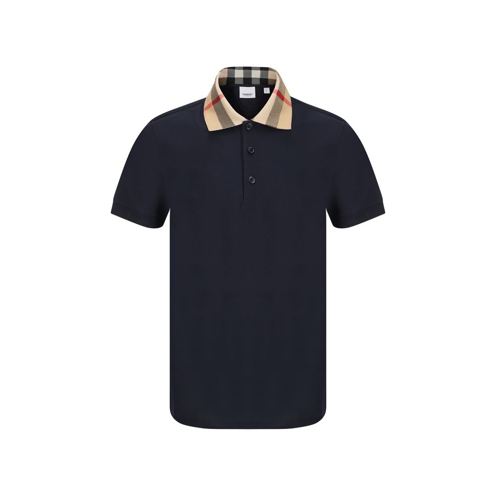 Check-Collar Cotton Polo Shirt — Navy
