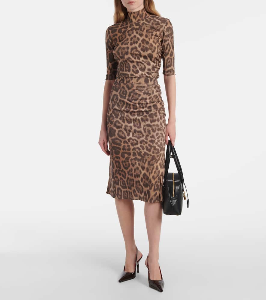 Leopard-printed ruched midi skirt