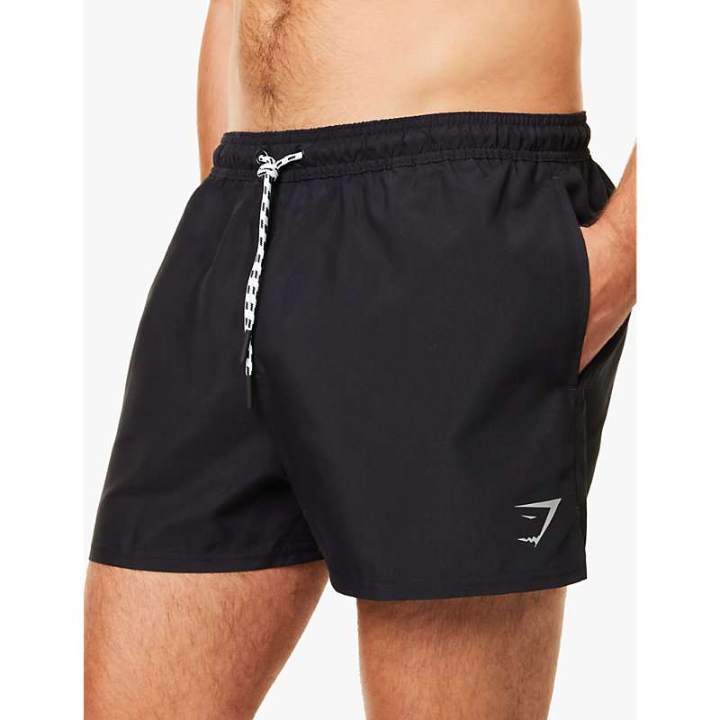 Mens Black 3' Brand Print Slim Fit Recycled-polyester Swim Shorts 