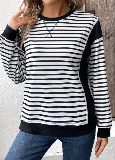 Modlily Black Patchwork Striped Long Sleeve Round Neck Sweatshirt