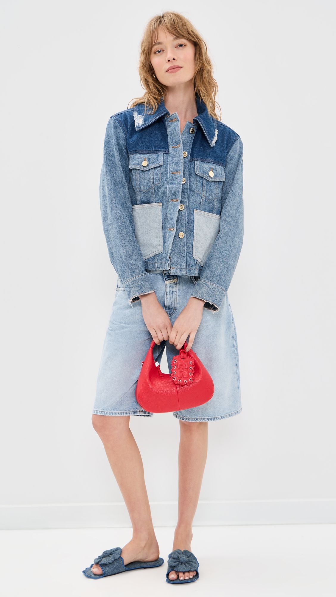 Patchwork Denim Short Jacket Mid Blue Vintage