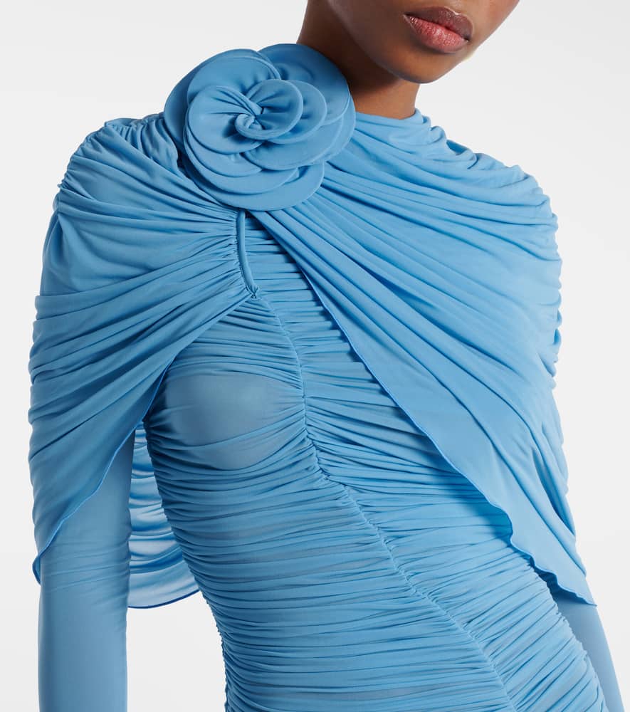 Floral-appliqué ruched caped midi dress