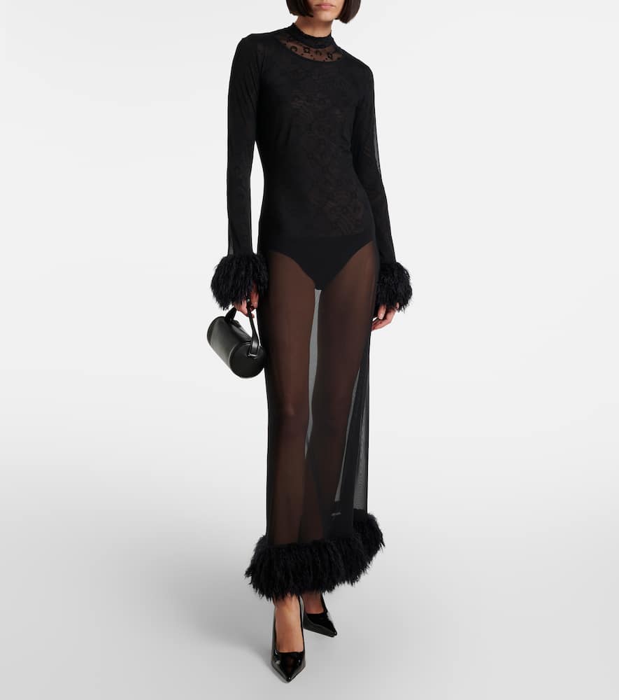 Faux feather-trimmed mesh maxi dress