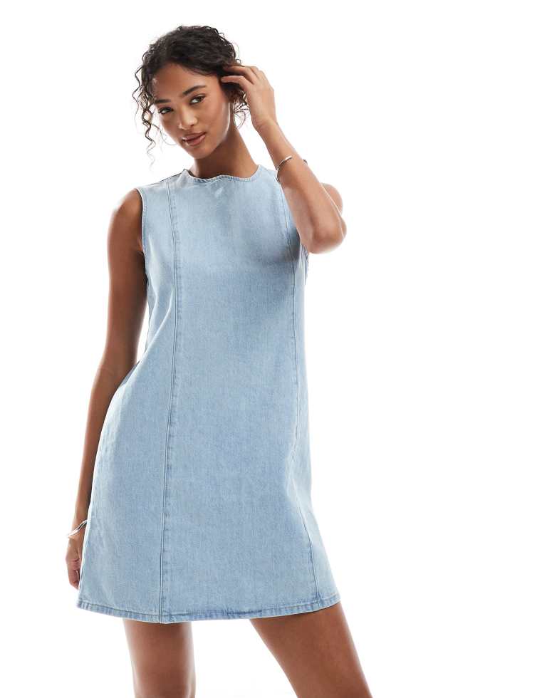 ASOS DESIGN Womens denim seamed shift dress in bleach - Sky Blue - X-Sma