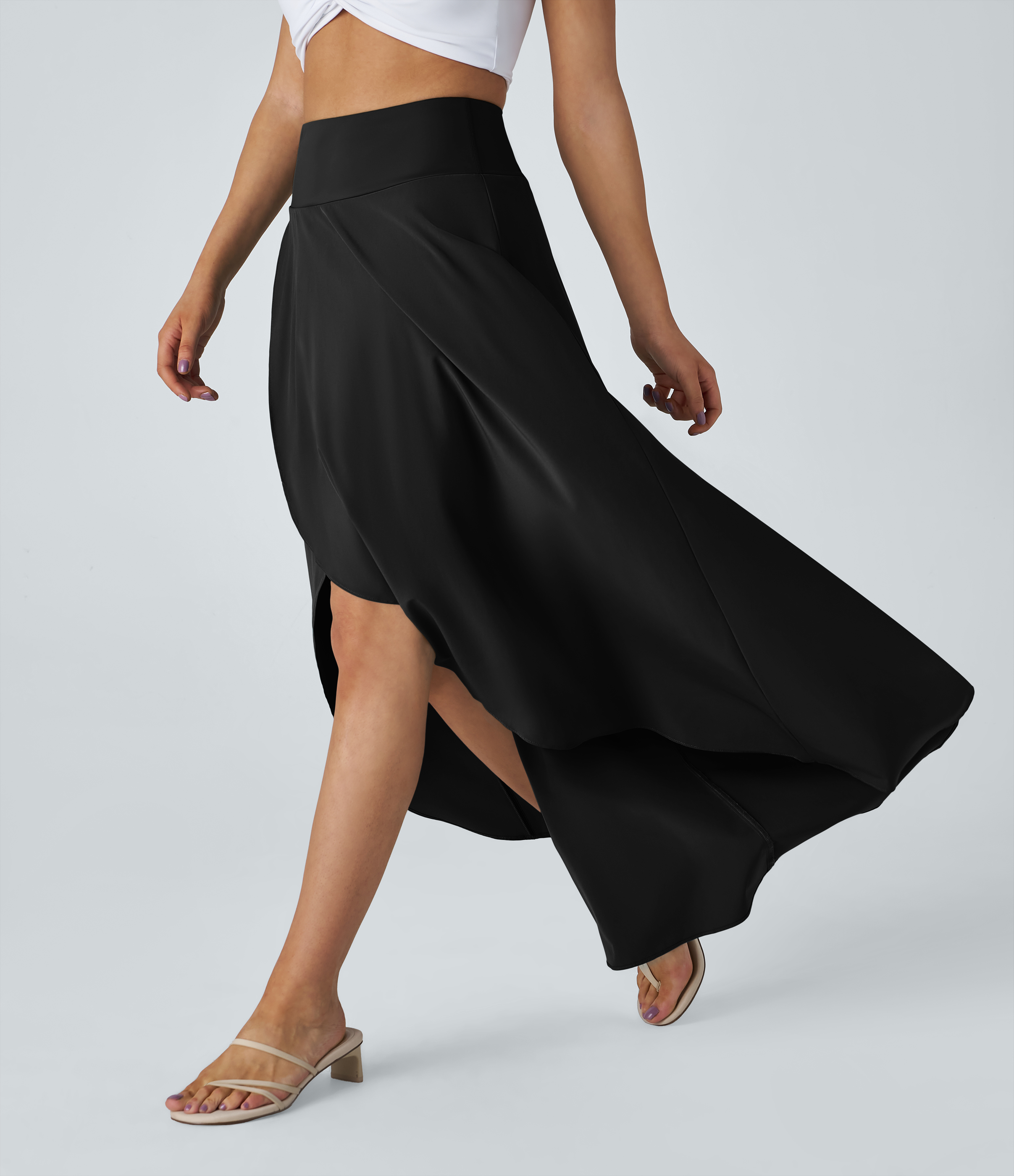 Breezeful™ High Waisted High Low Ruffle 2-in-1 Flowy Quick Dry Casual Regular Maxi Skirt  - Black