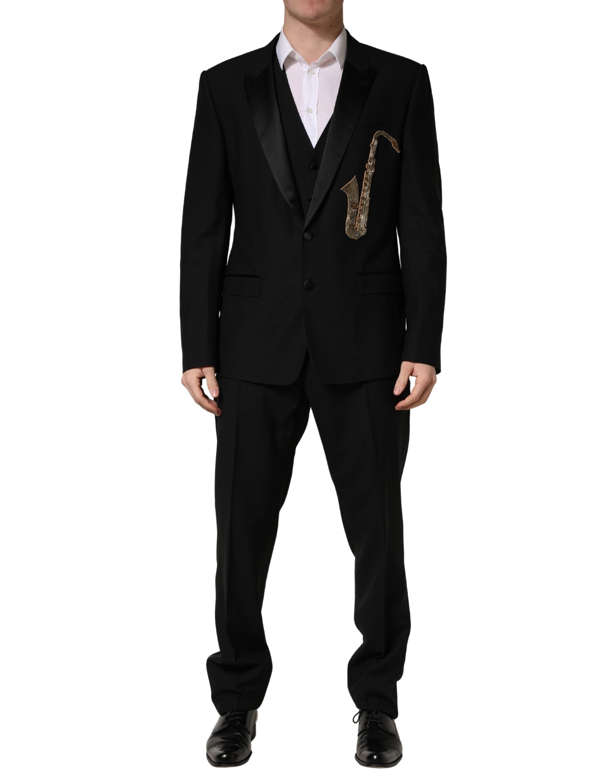 Wool Silk Saxophone Appliqué Pant Suit — Black
