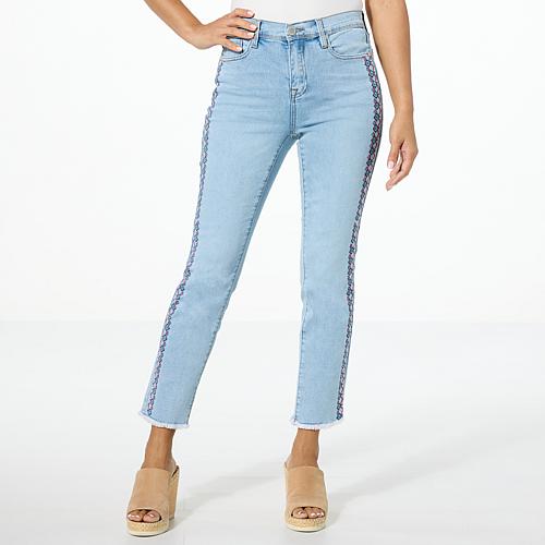 New Classic Stretch Denim Embroidered Ankle Jean - Blue