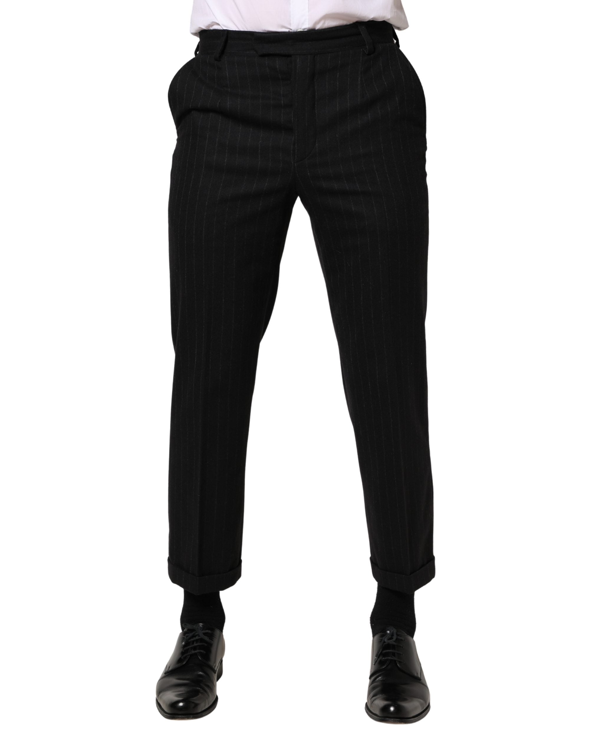 Pinstriped Virgin Wool Trousers — Black