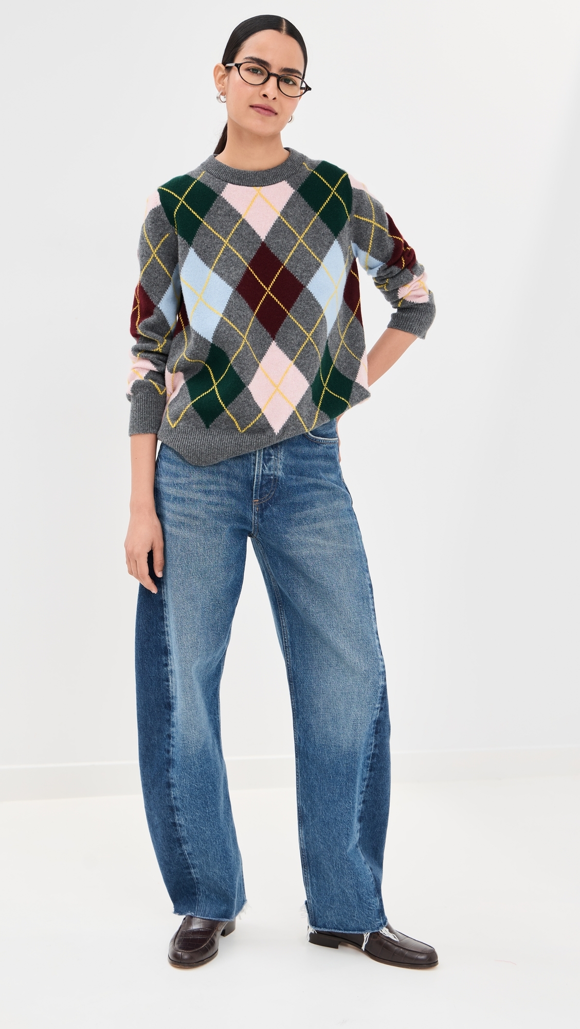 &Argyle Slouch Crewneck Sweater Grey With Pale Pink