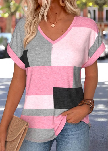 Modlily Pink Geometric Print Tummy Coverage Short Sleeve T Shirt