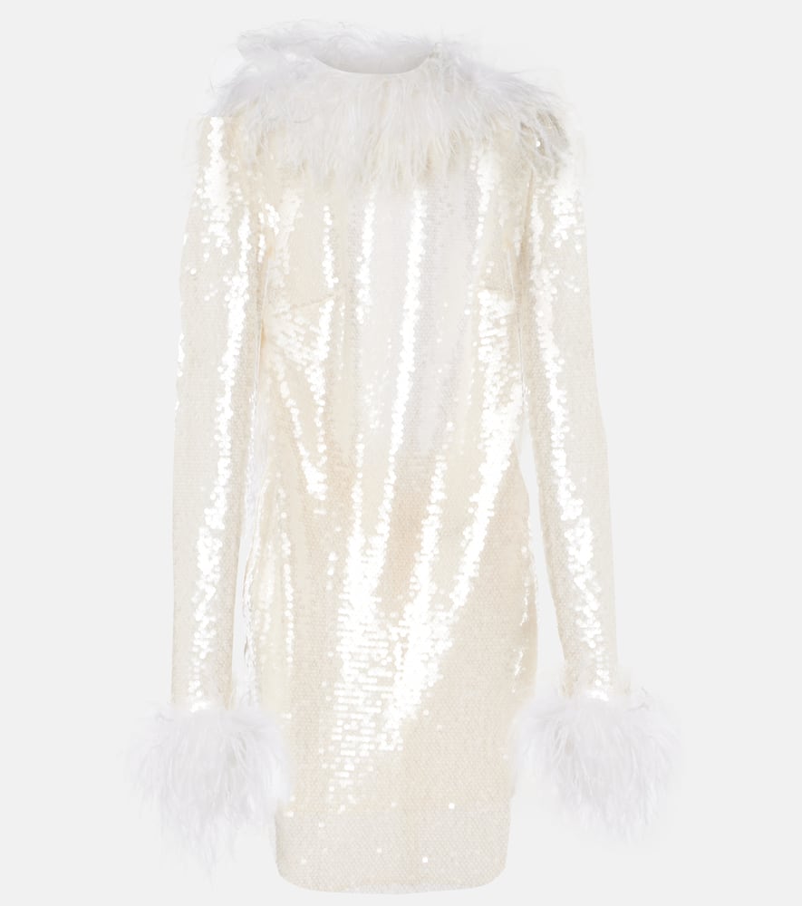 Feather-trimmed sequined minidress