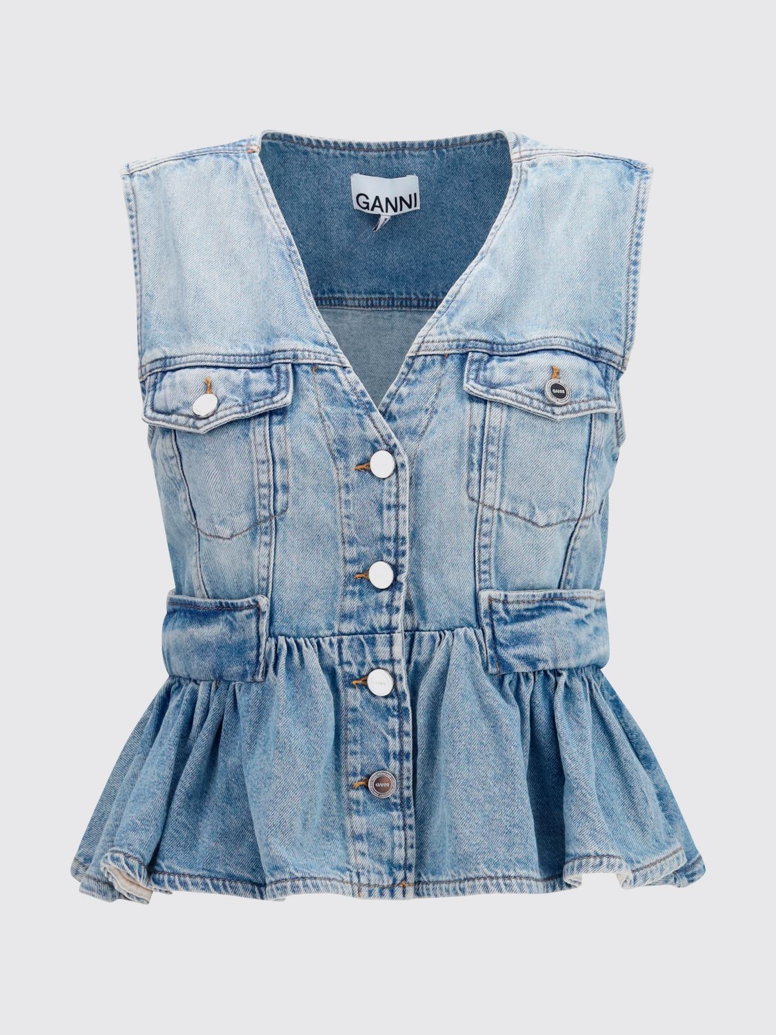 Slim Fit V-Neck Denim Top with Flounces