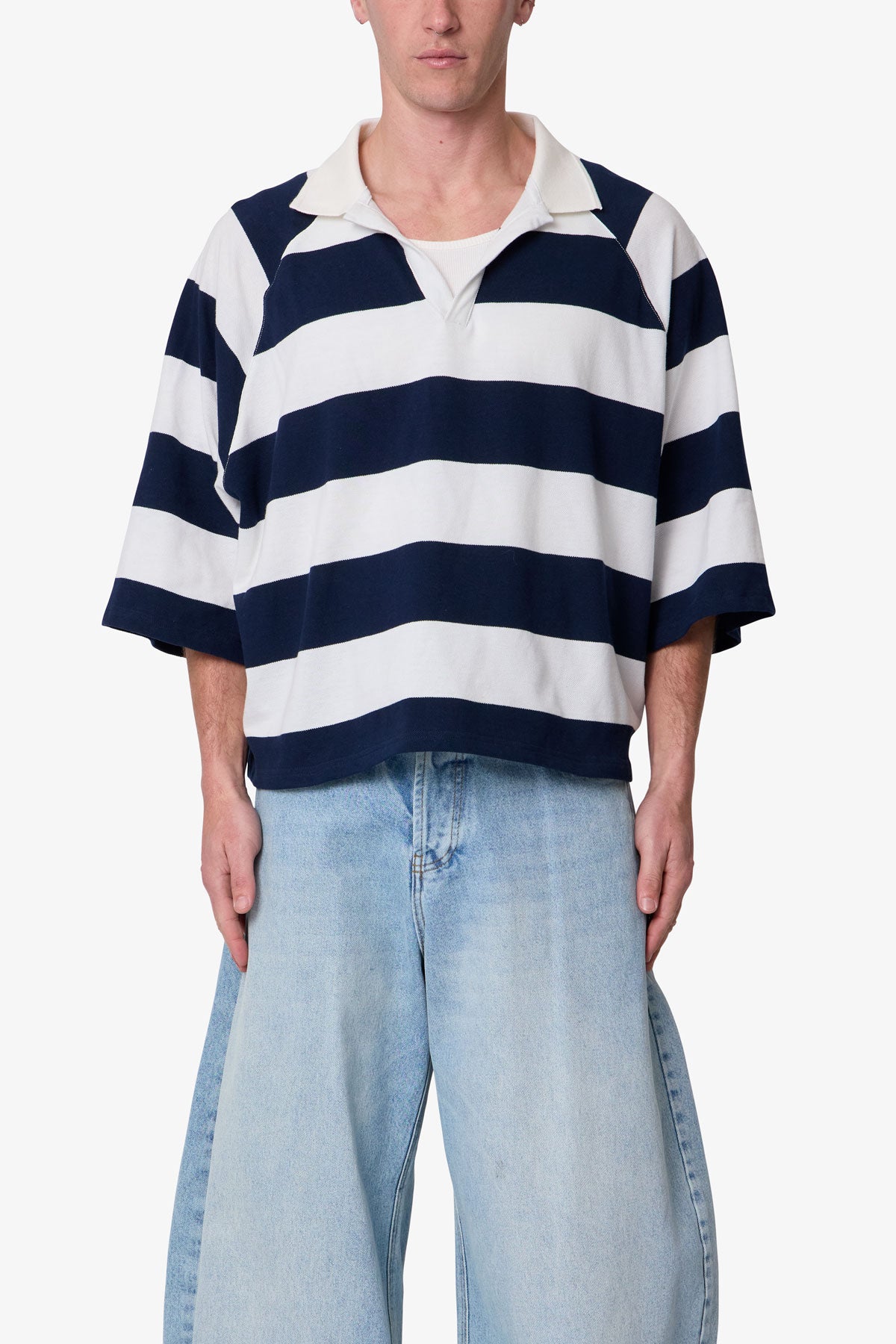 Wide Striped S/S Polo Shirt - White/Navy