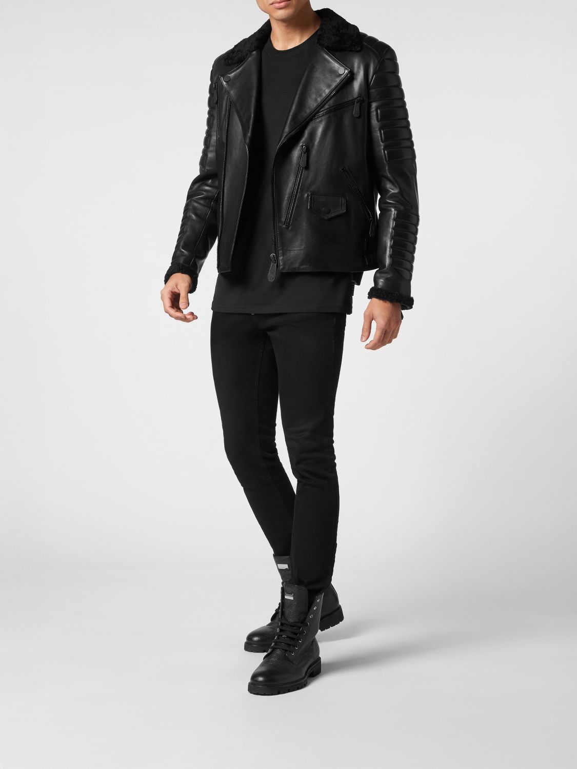 Logo-debossed leather jacket - Black