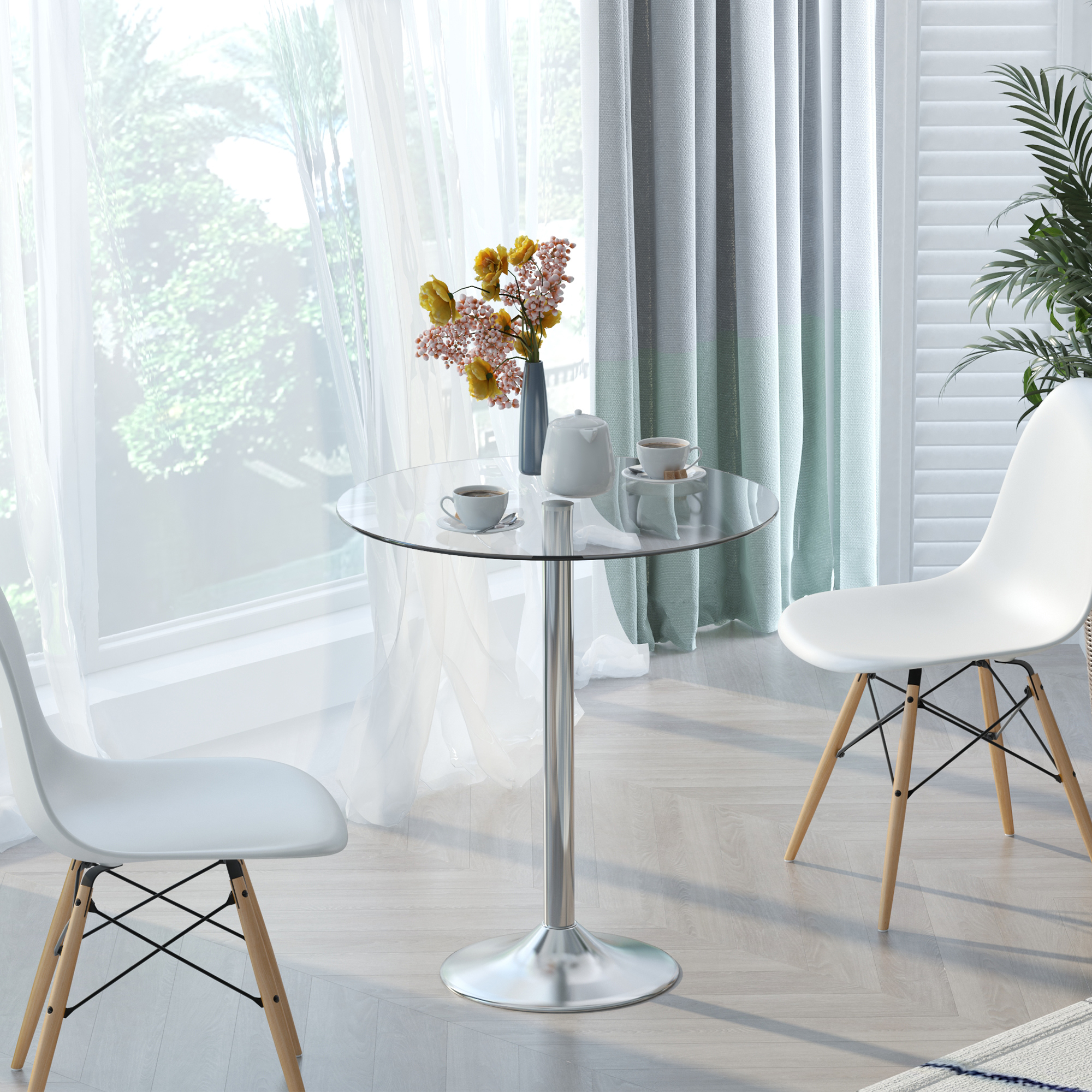 HOMCOM Compact Dining Delight: Round Pub Table with Tempered Glass Top, Silver Metal Base for Small Spaces | Aosom Canada