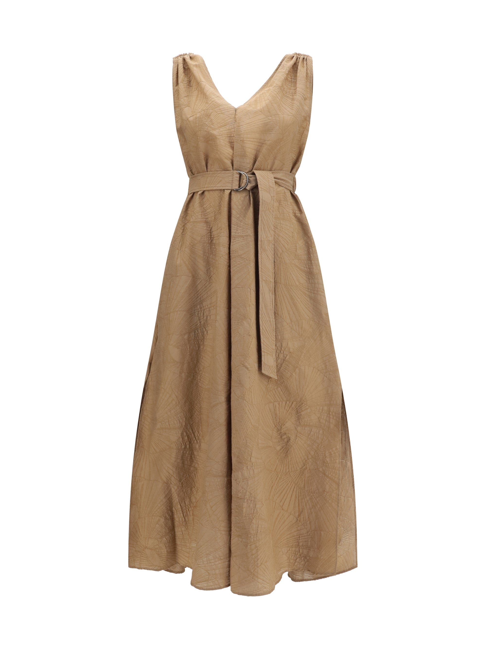 Floral-Motif Cotton-Blend Midi Dress — Beige