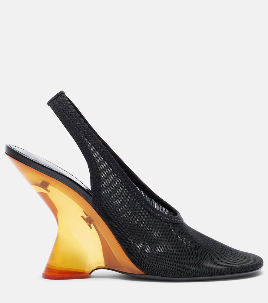 Mesh wedge slingback pumps
