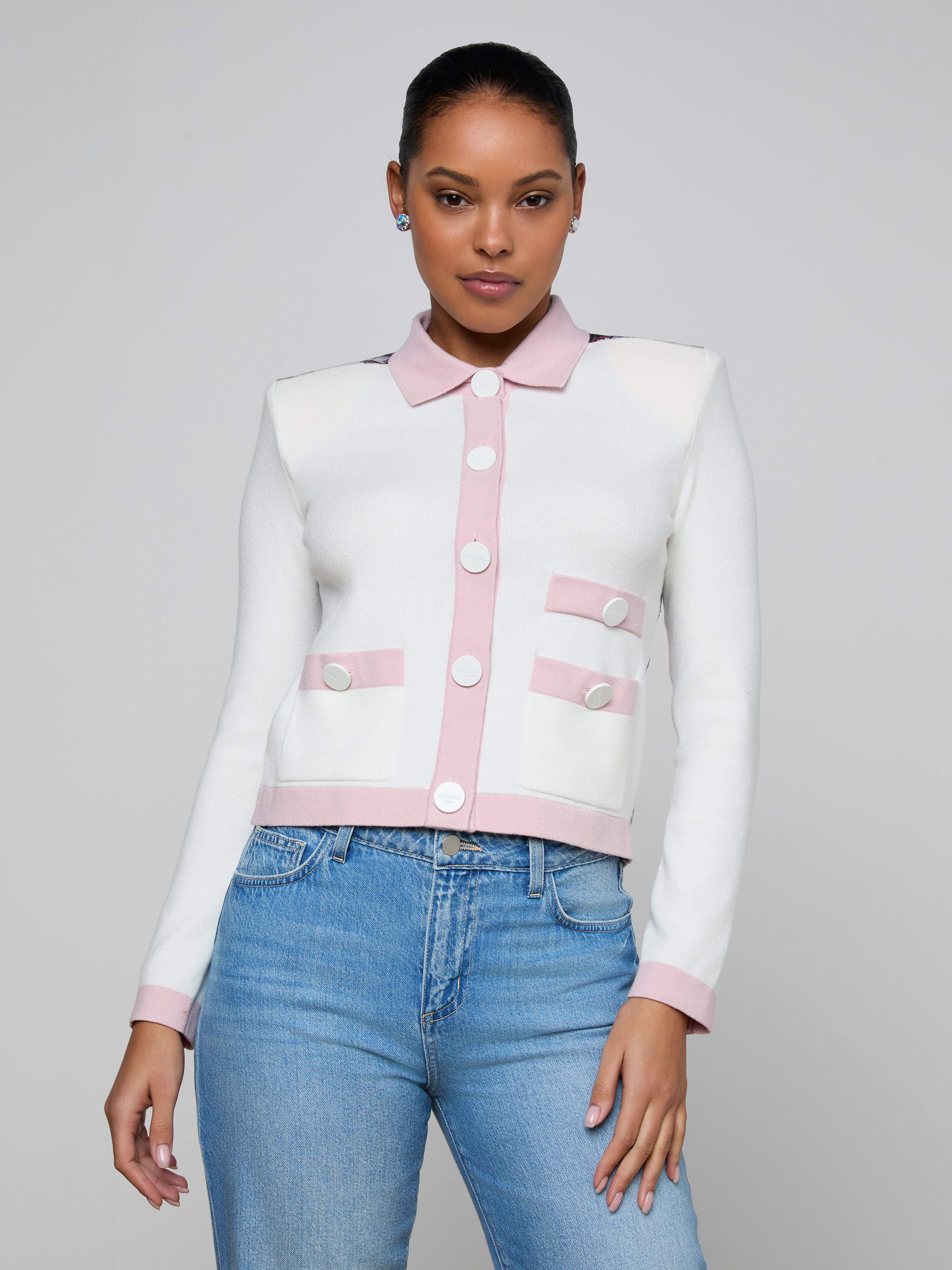 Nomi Satin Back Cardigan In Ivory/pink/multi Butterfly Jungle