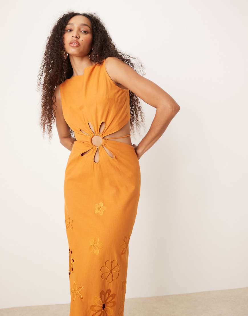 ASOS DESIGN floral embroidered cut out maxi dress in orange