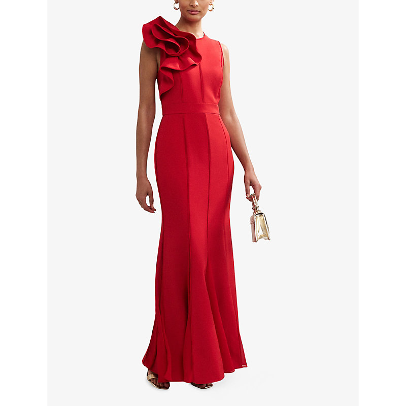 Womens Tyra Ruffle-Neck Sleeveless Stretch-Woven Maxi Dress