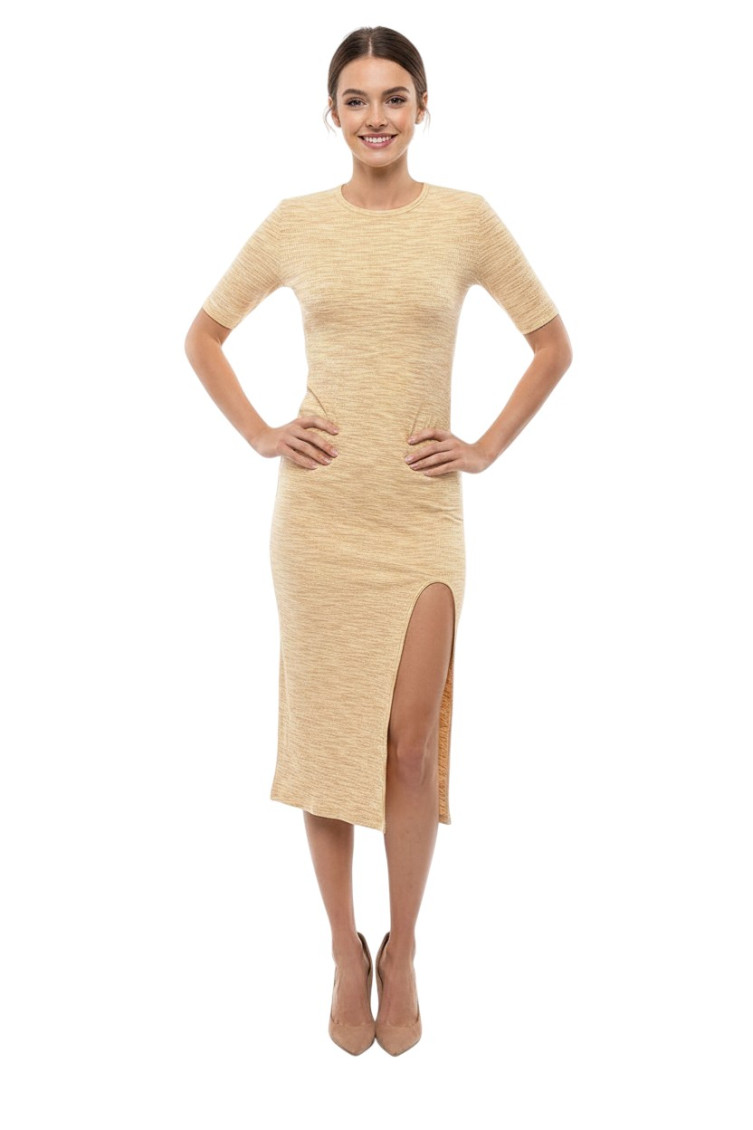 Beige Textured Round Neck Midi Dress