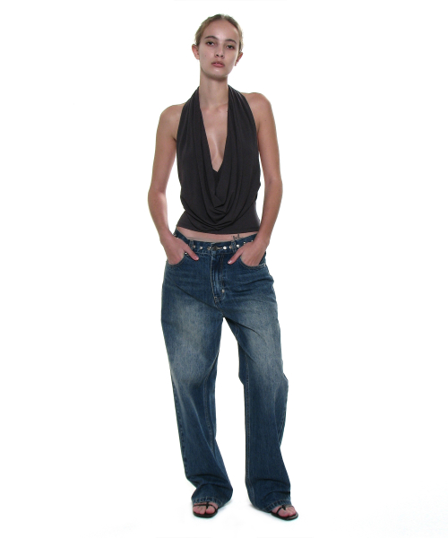 Metal Pointed Waist Jeans_Mid Blue