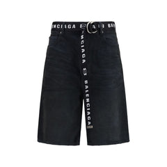 Logo-Belted Denim Bermuda Shorts — Black