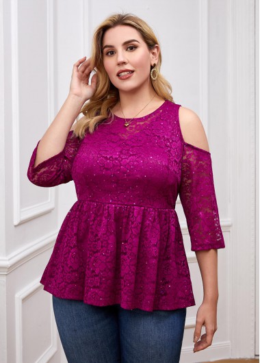 Modlily Plus Cold Shoulder Lace Stitching T Shirt - 4X