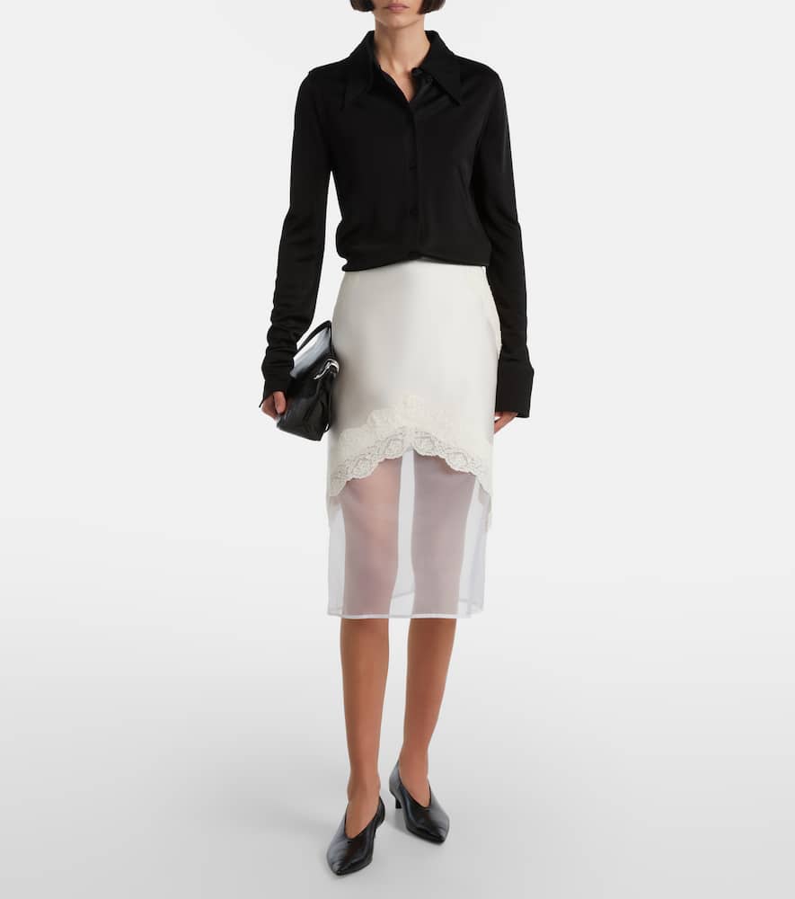 Lace-trimmed satin midi skirt