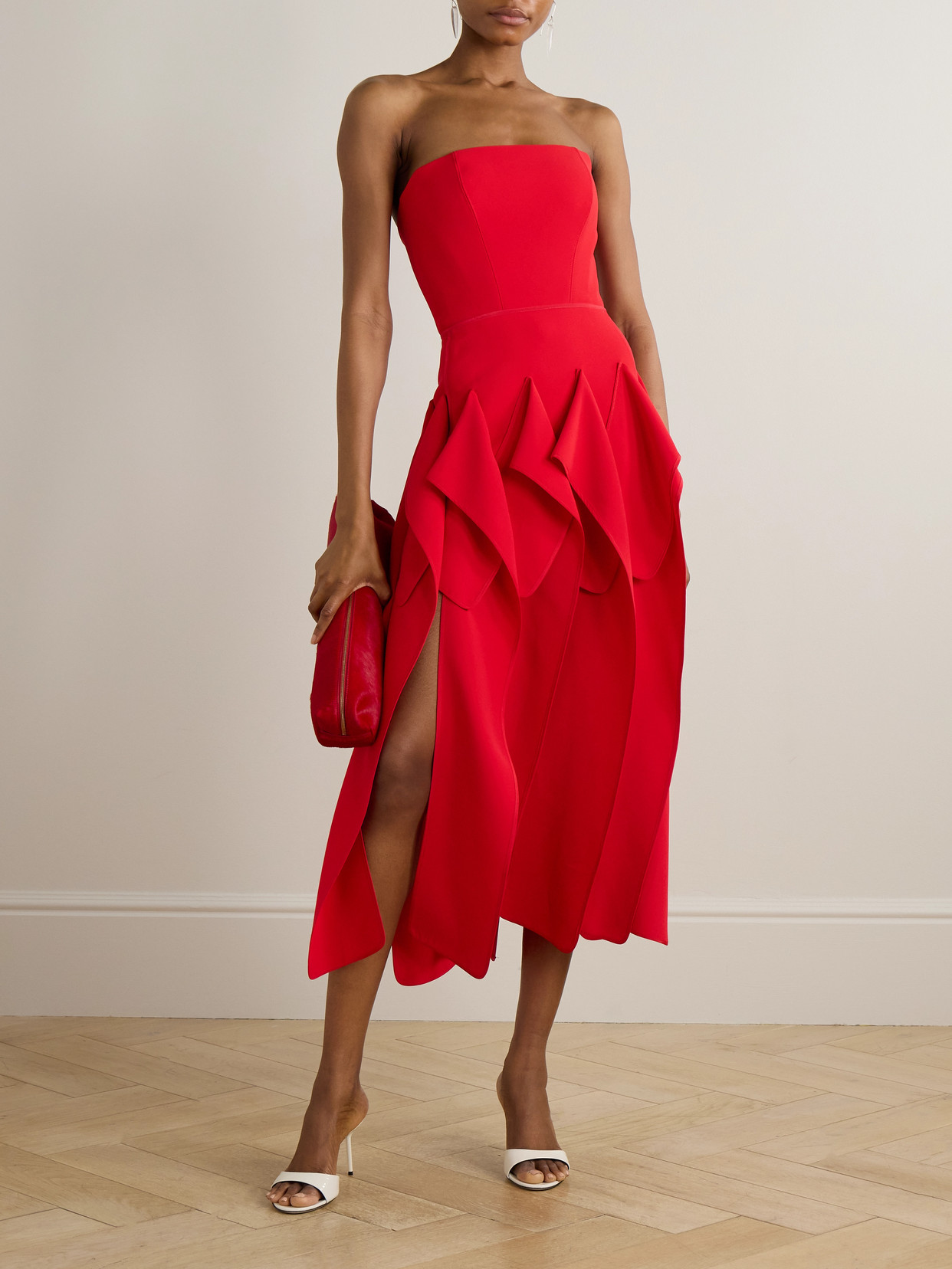 Breakout Strapless Crepe Midi Dress - Red