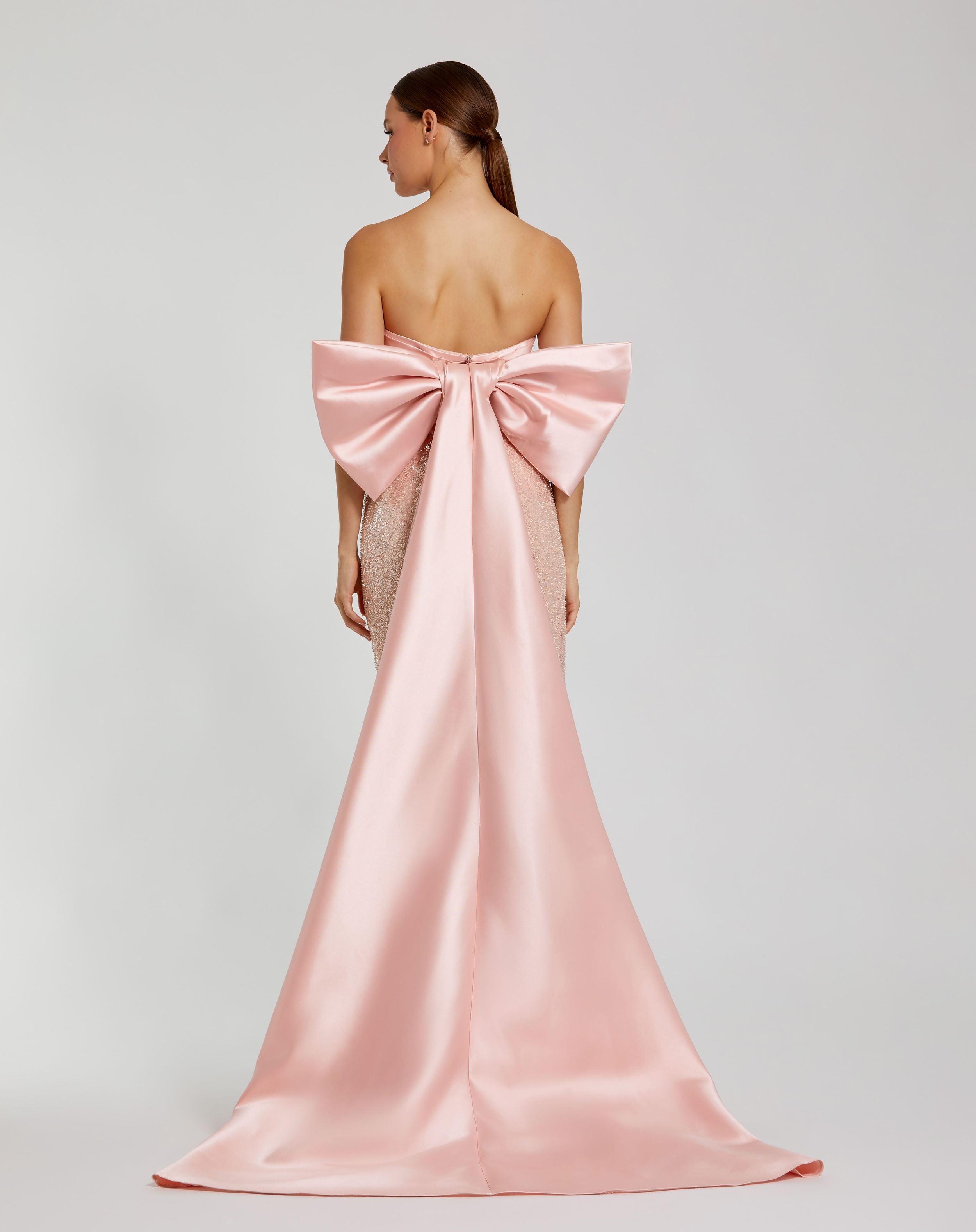 Pink Strapless Embellished Maxi Gown with Back Bow Detail Light Pink