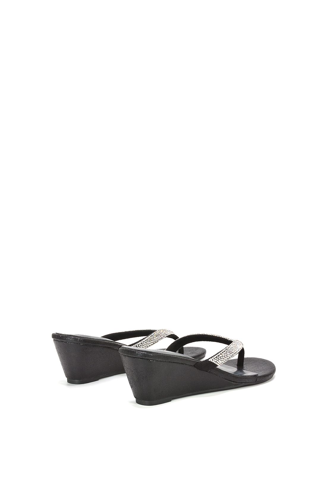 XY London Women's 'Nina' Wedge Heel Sandal Mules w/ Diamante Thong Strap in Black