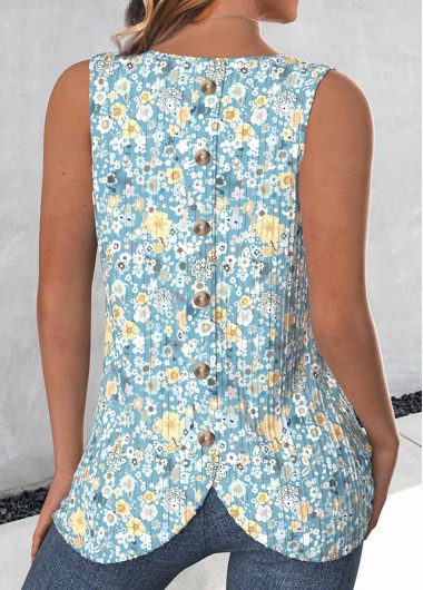 Modlily Mint Green Button Ditsy Floral Print Sleeveless Tank Top