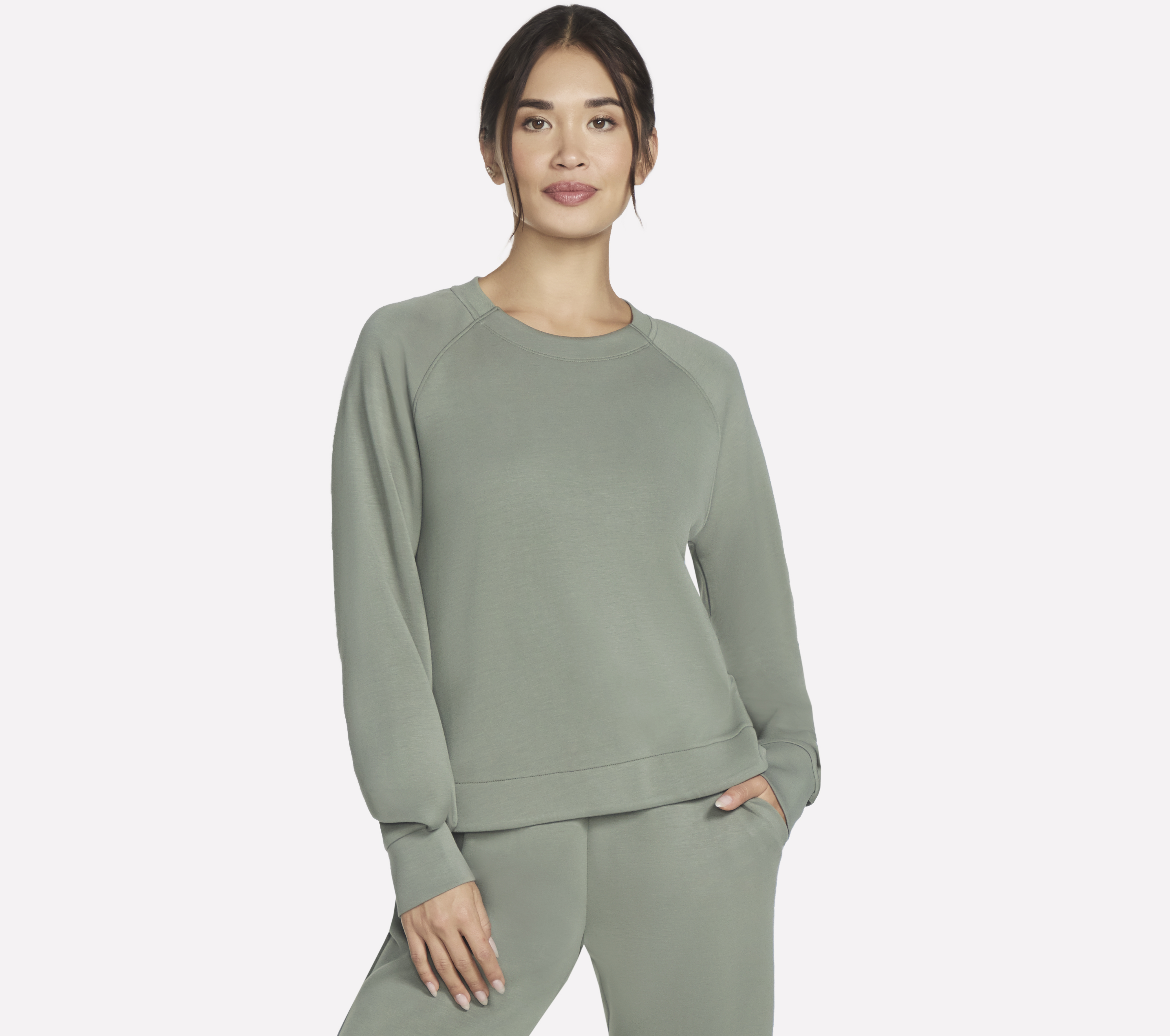 Skechers Women's Cosy Luxe Crewneck Top in Taupe/Brown, | Rayon/Polyester/Spandex