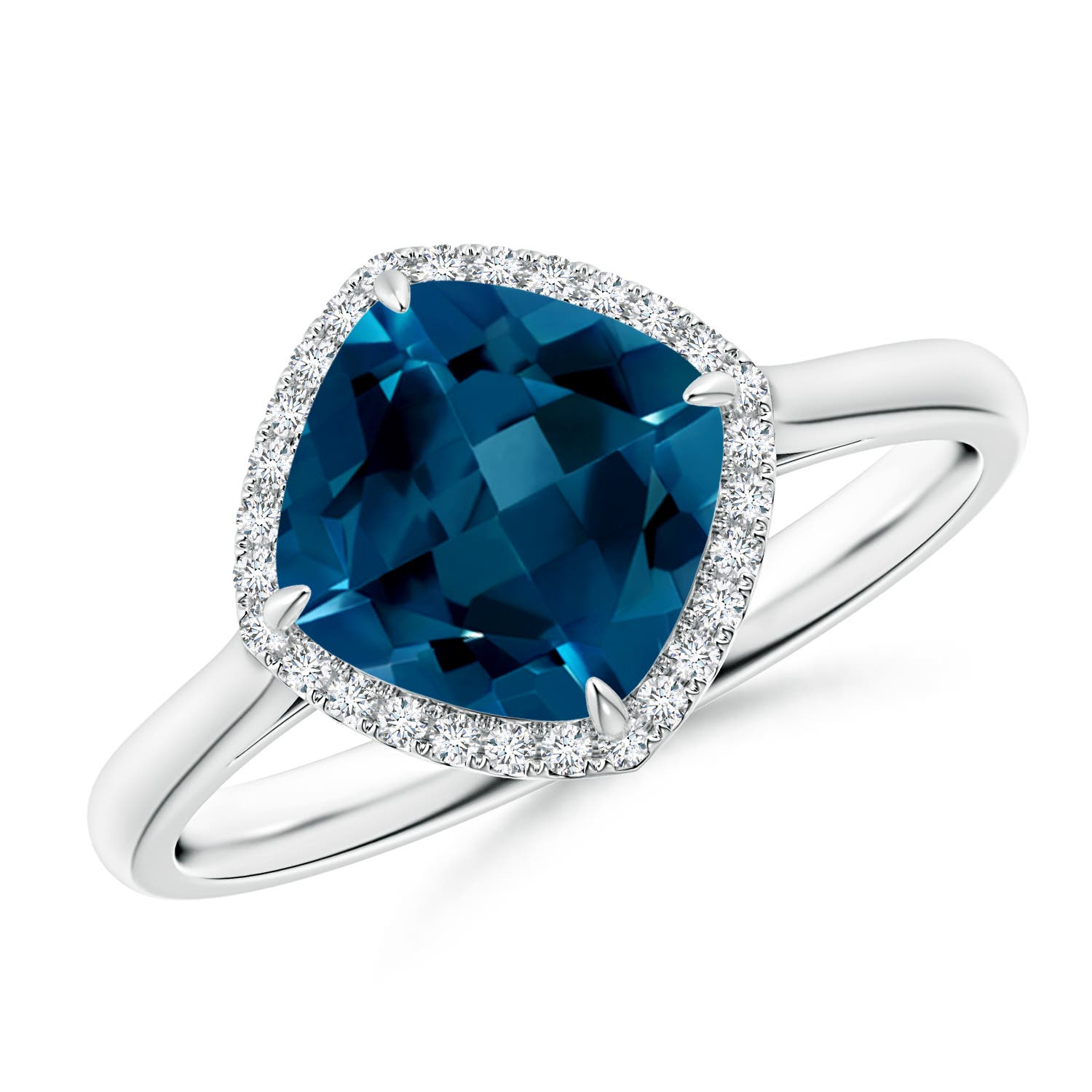 Angara 2.5 Carats Claw-Set Cushion London Blue Topaz Cocktail Halo Ring in Platinum